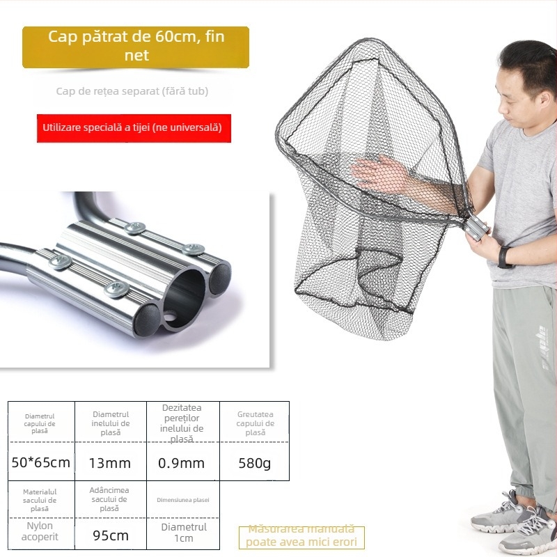 Landing net mare din aliaj de aluminiu, plasă cu ochiuri dense, cap Ø50/60/70 cm, adâncime plasă 75–115 cm, ochiuri groase, încărcare 1,0–15 kg