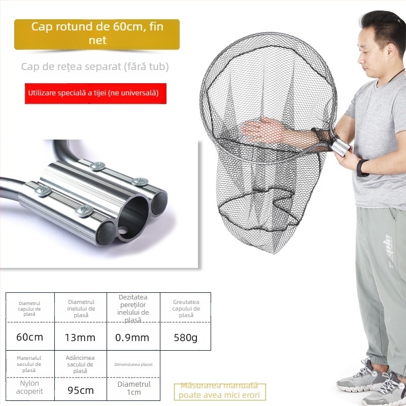 Landing net mare din aliaj de aluminiu, plasă cu ochiuri dense, cap Ø50/60/70 cm, adâncime plasă 75–115 cm, ochiuri groase, încărcare 1,0–15 kg