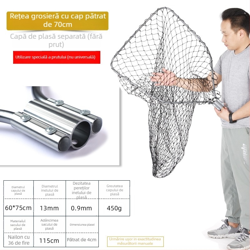 Landing net mare din aliaj de aluminiu, plasă cu ochiuri dense, cap Ø50/60/70 cm, adâncime plasă 75–115 cm, ochiuri groase, încărcare 1,0–15 kg