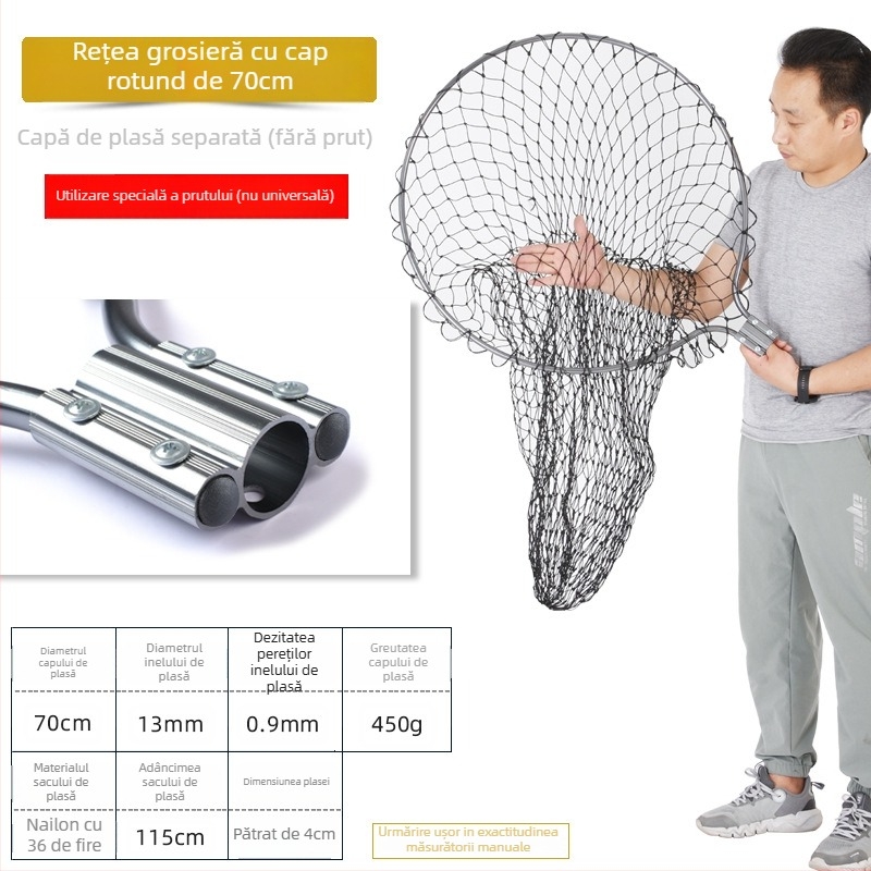 Landing net mare din aliaj de aluminiu, plasă cu ochiuri dense, cap Ø50/60/70 cm, adâncime plasă 75–115 cm, ochiuri groase, încărcare 1,0–15 kg