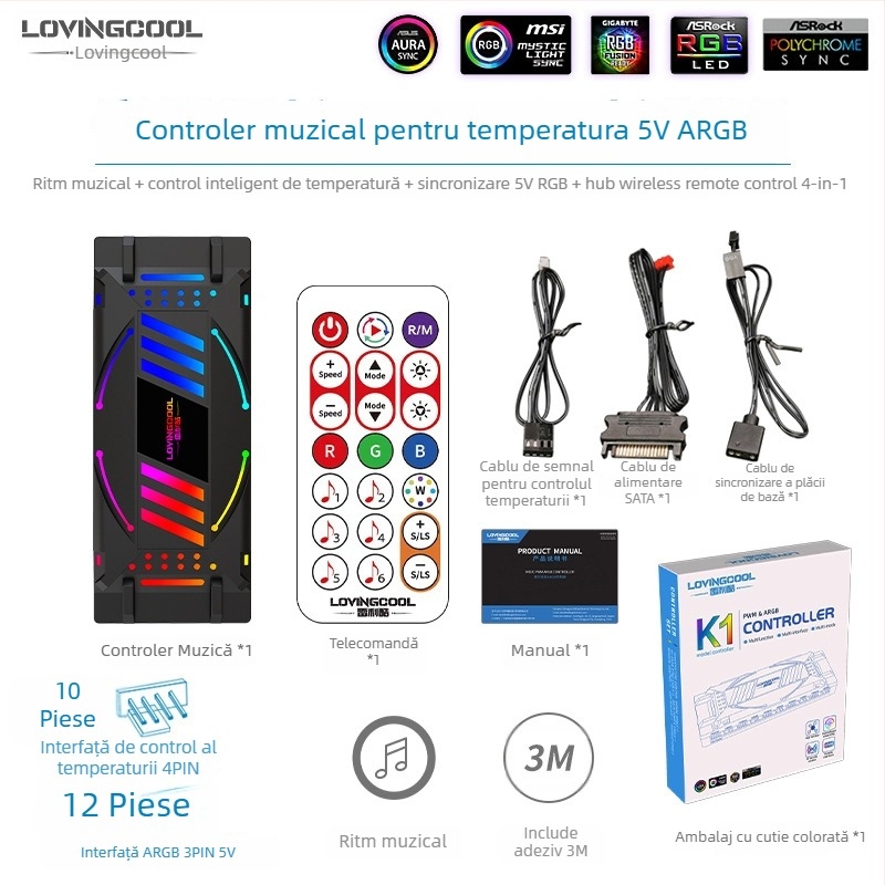 Controler iluminat ARGB pentru ventilatoare de carcasă cu control sincron al temperaturii și hub oglindă în mai multe straturi — ABS, 145×59×25 mm, zgomot 15 dB