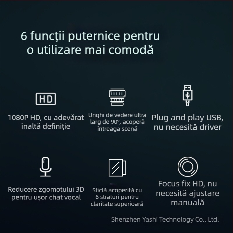 Anzhijia A30 webcam USB cu video 1080p HD, microfon încorporat, senzor 2 MP, USB 2.0, focalizare fixă