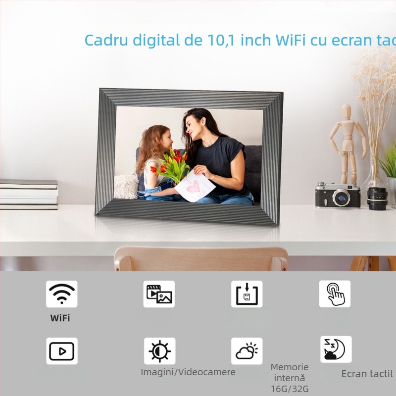 Ramă foto digitală cu ecran tactil, Wi-Fi, 16GB stocare, rezoluție 1280×800, suport SD/USB