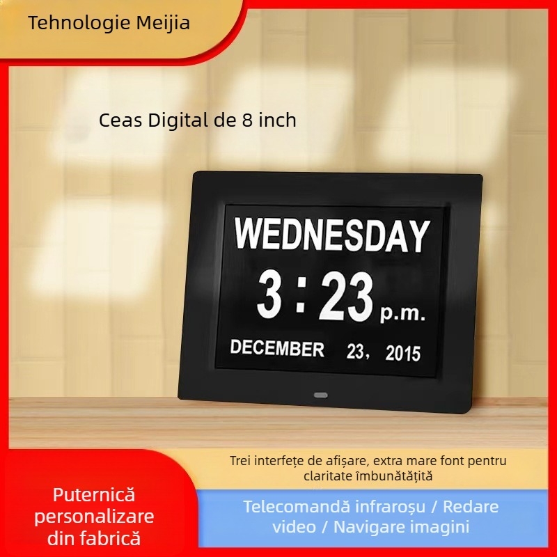 Ceas digital cu afișaj HD LCD, rezoluție 1024×768, suport card SD/USB/TF, redare video și audio