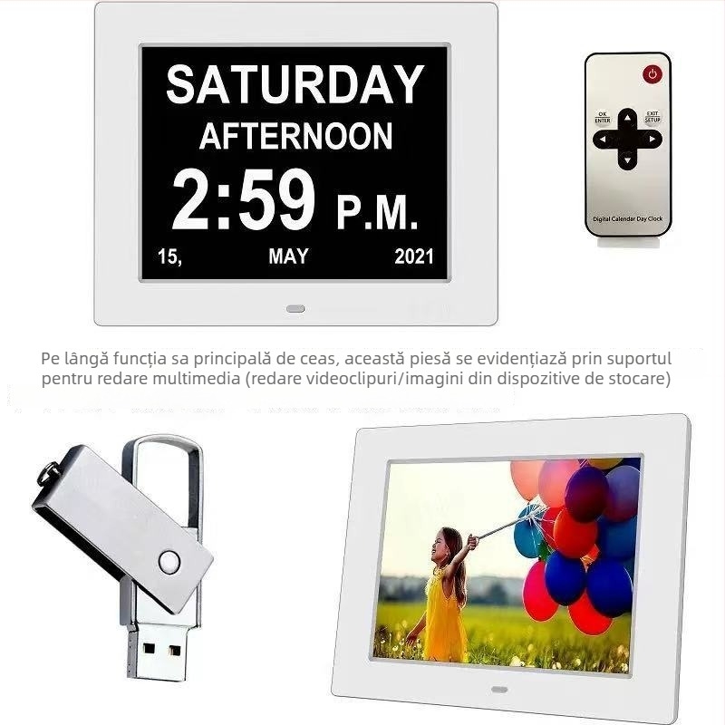 Ceas digital cu afișaj HD LCD, rezoluție 1024×768, suport card SD/USB/TF, redare video și audio
