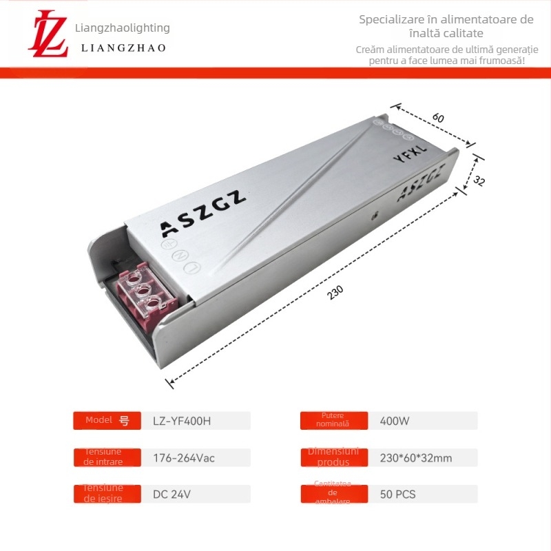 Sursă LED cu pornire lină pentru benzi LED, 24V DC, intrare 176–264V, curent ieșire 2.5–16.6A, putere maximă 400W, eficiență >93%