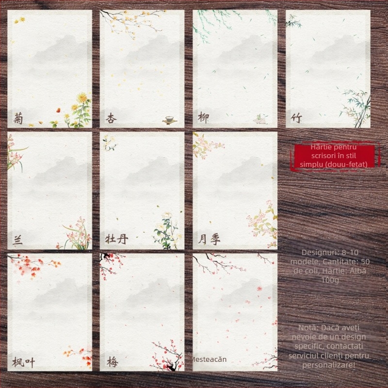 Hârtie de scris cu design floral pictat manual, inspirație Zen, dublă față, stil plic chinezesc, Years Square