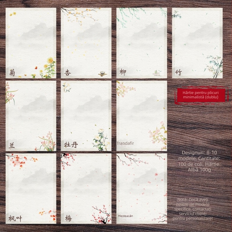 Hârtie de scris cu design floral pictat manual, inspirație Zen, dublă față, stil plic chinezesc, Years Square