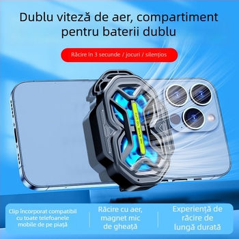 DY59 cooler pentru telefon cu două ventilatoare, răcire prin aer, trei trepte, baterie dublă, conectivitate wireless, compatibil cu iPhone și Android