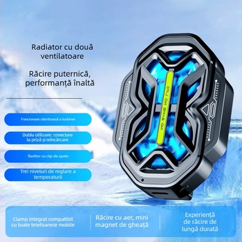 DY59 cooler pentru telefon cu două ventilatoare, răcire prin aer, trei trepte, baterie dublă, conectivitate wireless, compatibil cu iPhone și Android