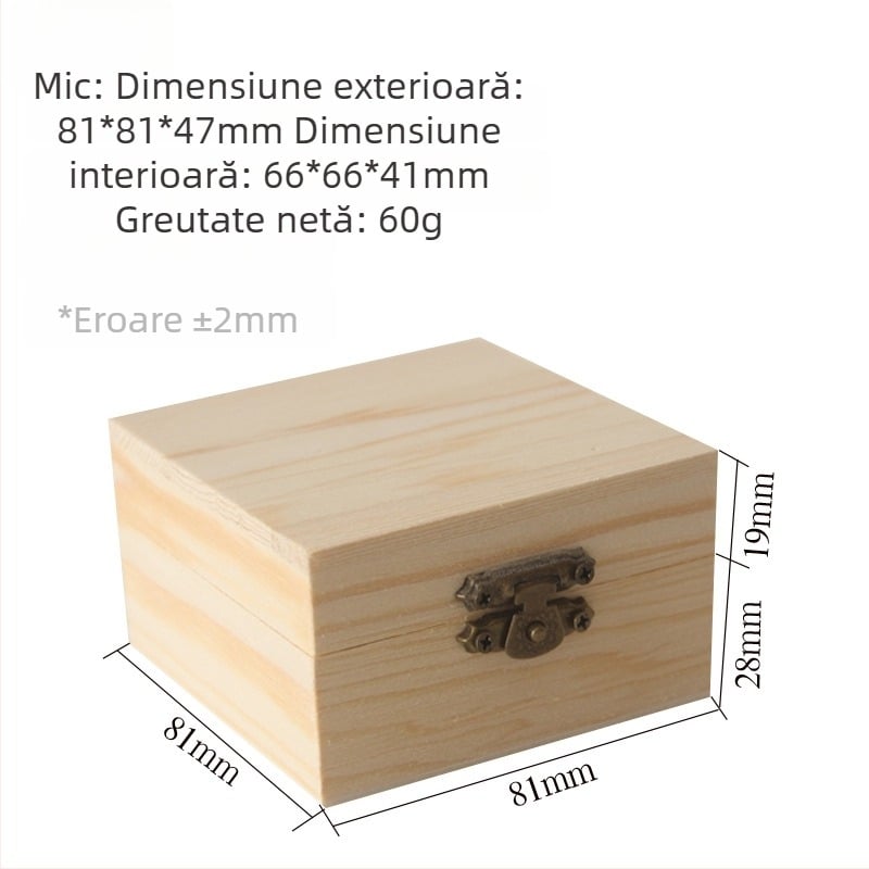 Cutie pătrată din lemn de pin pentru bijuterii, cu capac superior și inferior, gravură, personalizabilă, imprimare logo disponibil