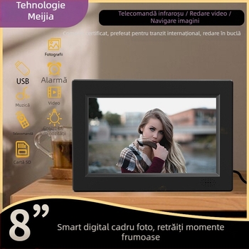 Ramă foto digitală cu ramă ultra-subțire, ecran HD 1024x600, luminozitate de 200 lumeni, suport memorie SD/USB, redare muzică și video