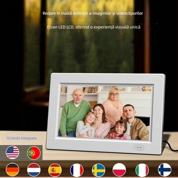 Ramă foto digitală cu ramă ultra-subțire, ecran HD 1024x600, luminozitate de 200 lumeni, suport memorie SD/USB, redare muzică și video