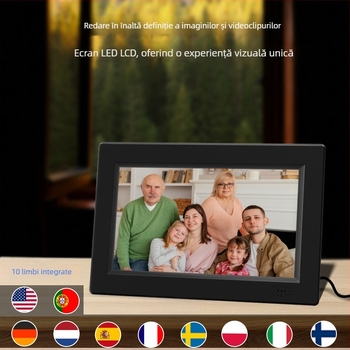 Ramă foto digitală cu ramă ultra-subțire, ecran HD 1024x600, luminozitate de 200 lumeni, suport memorie SD/USB, redare muzică și video