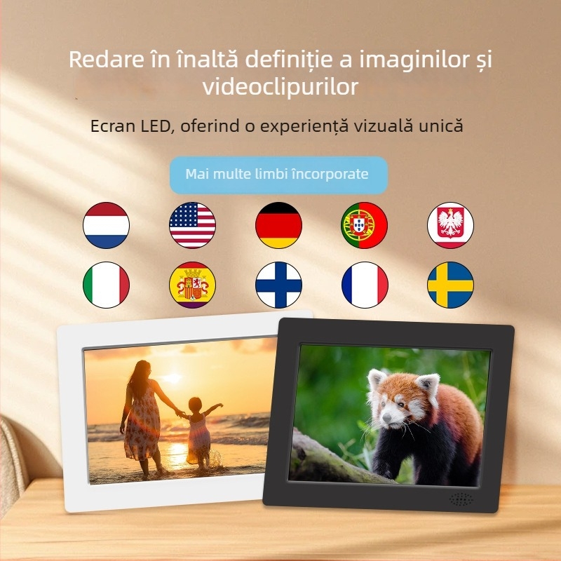 Ramă foto digitală cu ramă ultra-subțire, ecran HD 1024x600, luminozitate de 200 lumeni, suport memorie SD/USB, redare muzică și video