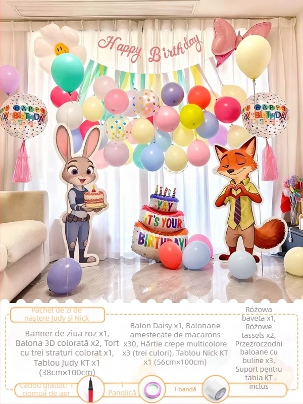 Fundal tematic Zootopia pentru ziua de naștere – panou KT, PVC, interior (Judy Hopps & Nick Wilde)