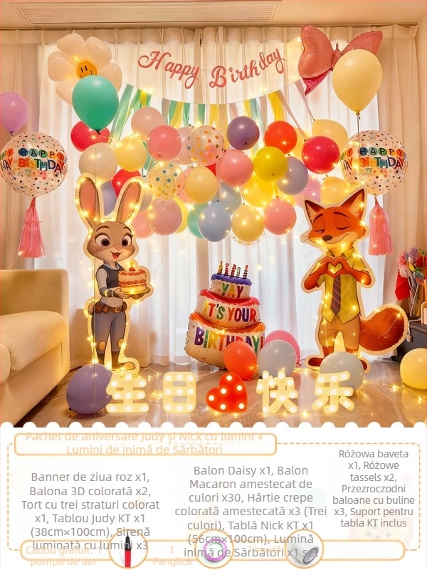 Fundal tematic Zootopia pentru ziua de naștere – panou KT, PVC, interior (Judy Hopps & Nick Wilde)