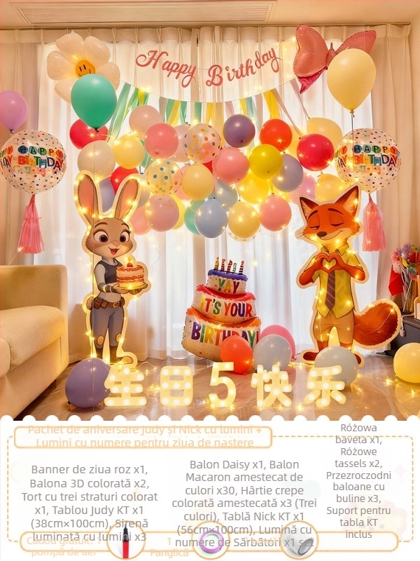 Fundal tematic Zootopia pentru ziua de naștere – panou KT, PVC, interior (Judy Hopps & Nick Wilde)