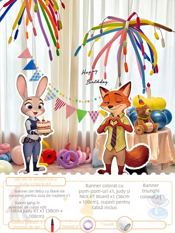 Fundal tematic Zootopia pentru ziua de naștere – panou KT, PVC, interior (Judy Hopps & Nick Wilde)