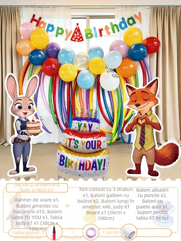 Fundal tematic Zootopia pentru ziua de naștere – panou KT, PVC, interior (Judy Hopps & Nick Wilde)