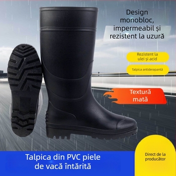 Cizme de ploaie înalte, partea superioară din PVC, talpă din cauciuc, gambă până la jumătate, încălcare tip slip-on, impermeabile