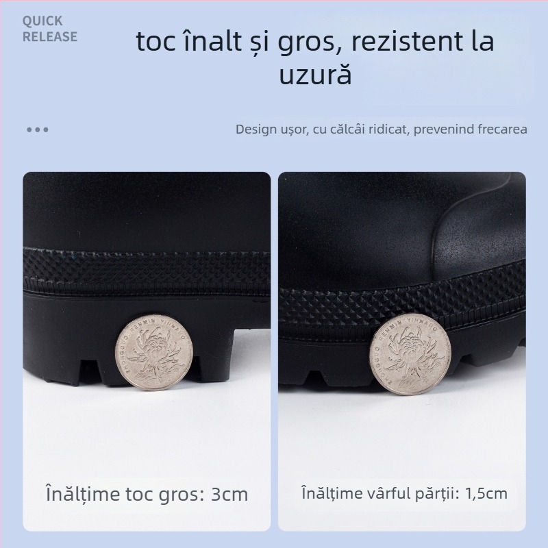 Cizme de ploaie înalte, partea superioară din PVC, talpă din cauciuc, gambă până la jumătate, încălcare tip slip-on, impermeabile