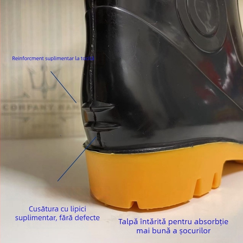 Ghete de ploaie pentru bărbați, înălțime înaltă, exterior PVC, talpă din cauciuc, vârf rotund, toc conic 1–3 cm, pentru vară