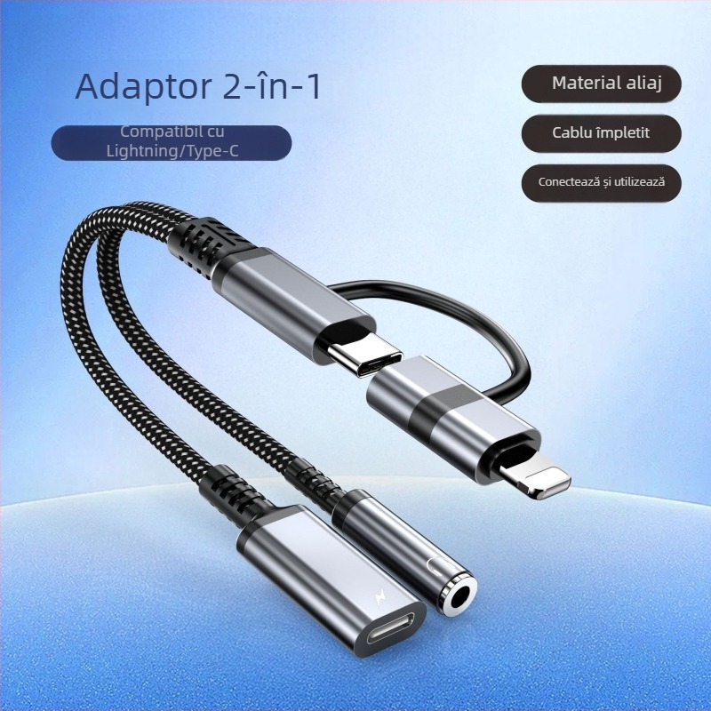 Cablu USB-C 2 în 1 pentru mașină, adaptor pentru încărcare și căști digitale, compatibil cu Apple iPhone 15–17 și dispozitive Android cu Type-C, model JYT-55
