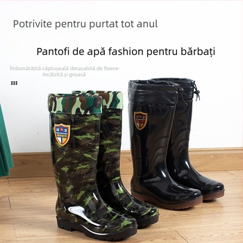 Ghete de ploaie pentru bărbați, partea superioară din PVC, talpă din tendon de vită, tub înalt, vârf rotund