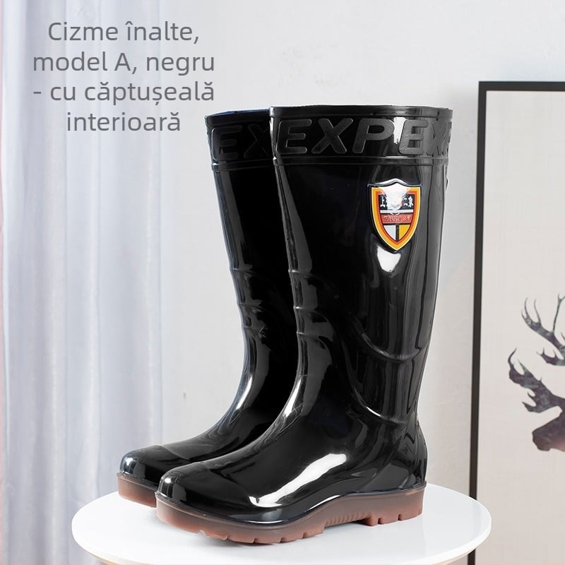 Ghete de ploaie pentru bărbați, partea superioară din PVC, talpă din tendon de vită, tub înalt, vârf rotund