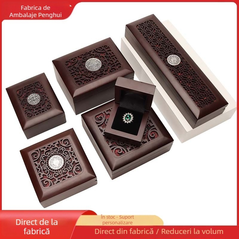 Cutie pentru bijuterii din lemn, design retro cu decupaje, material din placă densă/material compozit, brand Peng Hui, cutie de ambalare pentru bijuterii, origine Guangdong Foshan, China