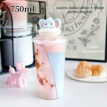 Cească pentru ceai cu lapte, două băuturi într-un singur pahar, design în formă S creativ, 500/750 ml, PP, ovală