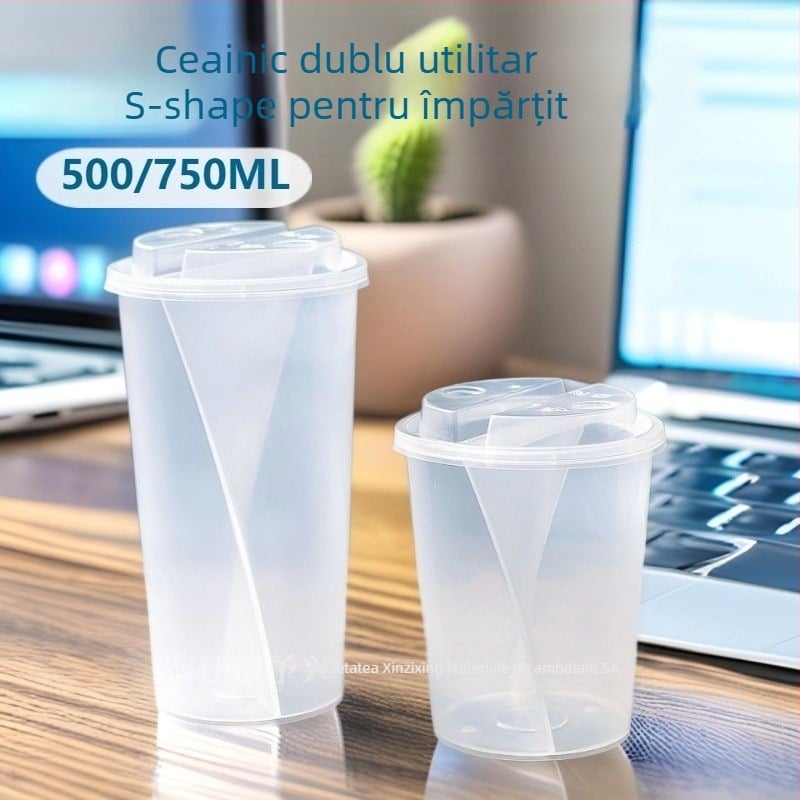 Cească pentru ceai cu lapte, două băuturi într-un singur pahar, design în formă S creativ, 500/750 ml, PP, ovală