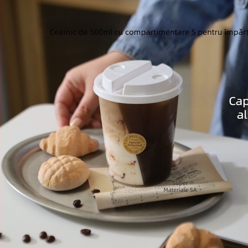 Cească pentru ceai cu lapte, două băuturi într-un singur pahar, design în formă S creativ, 500/750 ml, PP, ovală