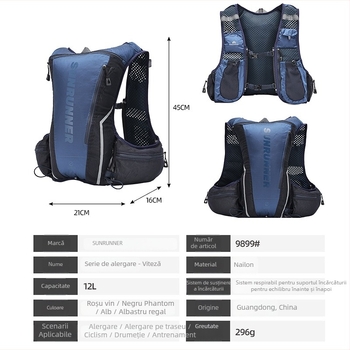 Vestă de hidratare din nailon pentru alergare în aer liber și drumeții – respirabilă, impermeabilă, ultraușoară, protecție a coloanei, separare uscat-umed