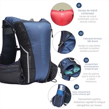 Vestă de hidratare din nailon pentru alergare în aer liber și drumeții – respirabilă, impermeabilă, ultraușoară, protecție a coloanei, separare uscat-umed