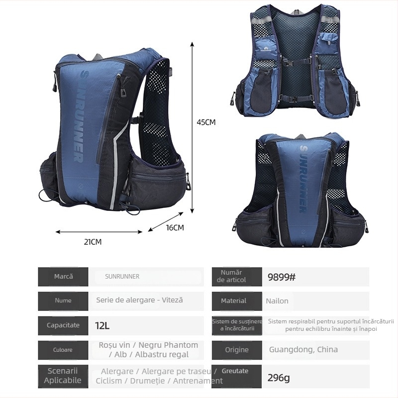 Vestă de hidratare din nailon pentru alergare în aer liber și drumeții – respirabilă, impermeabilă, ultraușoară, protecție a coloanei, separare uscat-umed