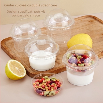 Cupe puding cu strat dublu și suport interior, recipient plastic de unică folosință pentru iaurt, ovăz, prăjituri și ceai cu lapte — formă rotundă, capacitate 201–300 ml, material PP, sigur la microunde