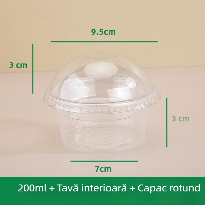 Cupe puding cu strat dublu și suport interior, recipient plastic de unică folosință pentru iaurt, ovăz, prăjituri și ceai cu lapte — formă rotundă, capacitate 201–300 ml, material PP, sigur la microunde