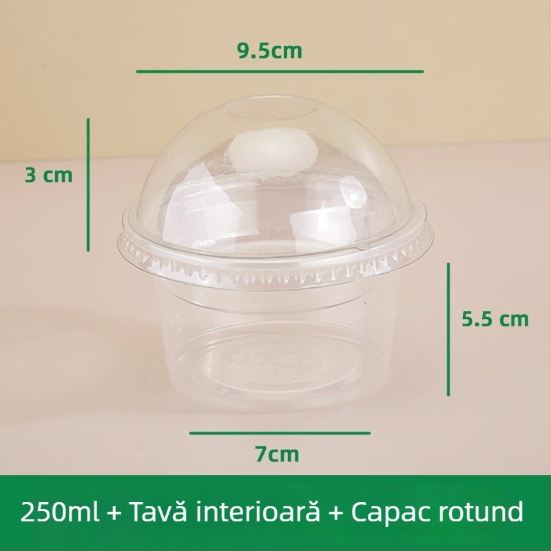 Cupe puding cu strat dublu și suport interior, recipient plastic de unică folosință pentru iaurt, ovăz, prăjituri și ceai cu lapte — formă rotundă, capacitate 201–300 ml, material PP, sigur la microunde