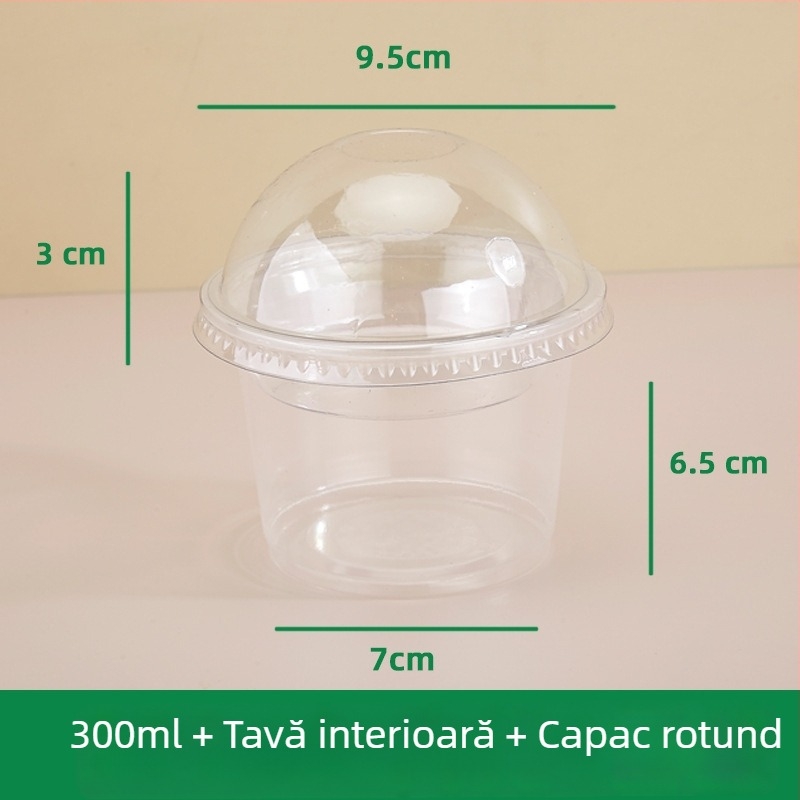 Cupe puding cu strat dublu și suport interior, recipient plastic de unică folosință pentru iaurt, ovăz, prăjituri și ceai cu lapte — formă rotundă, capacitate 201–300 ml, material PP, sigur la microunde