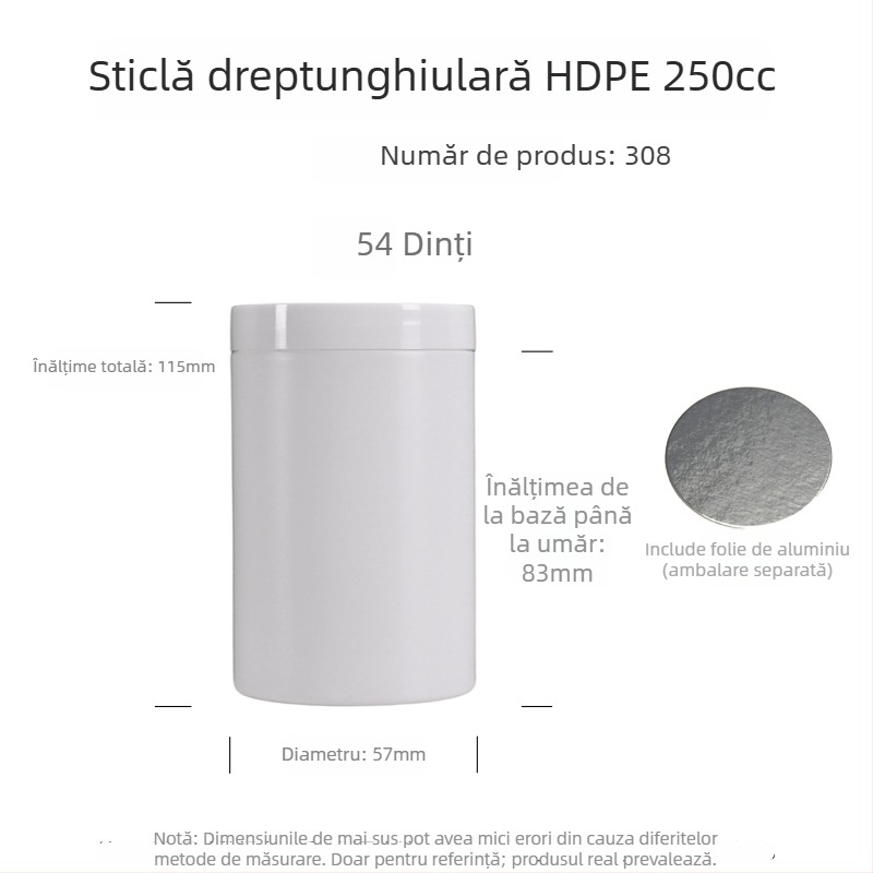 Flacoane HDPE cu gât larg pentru pulberi de suplimente alimentare, sigilare alimentară și etichete cu serigrafie