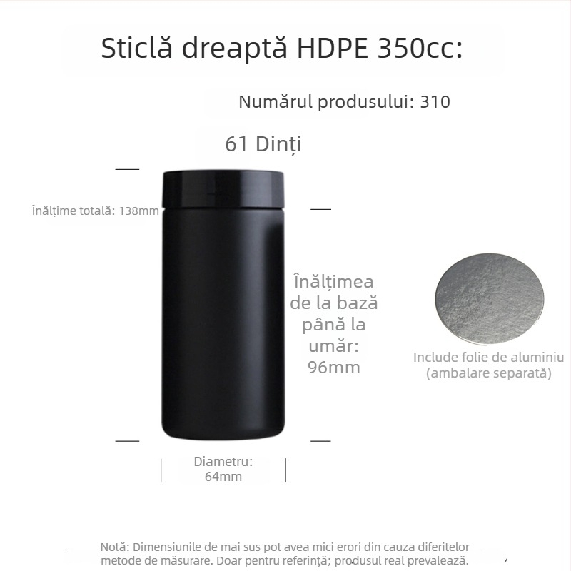 Flacoane HDPE cu gât larg pentru pulberi de suplimente alimentare, sigilare alimentară și etichete cu serigrafie