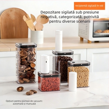 Recipient plastic transparent cu vacuum, capacitate 1–2 L, pătrat, pentru nuci, cafea și cereale