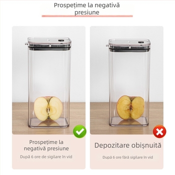 Recipient plastic transparent cu vacuum, capacitate 1–2 L, pătrat, pentru nuci, cafea și cereale