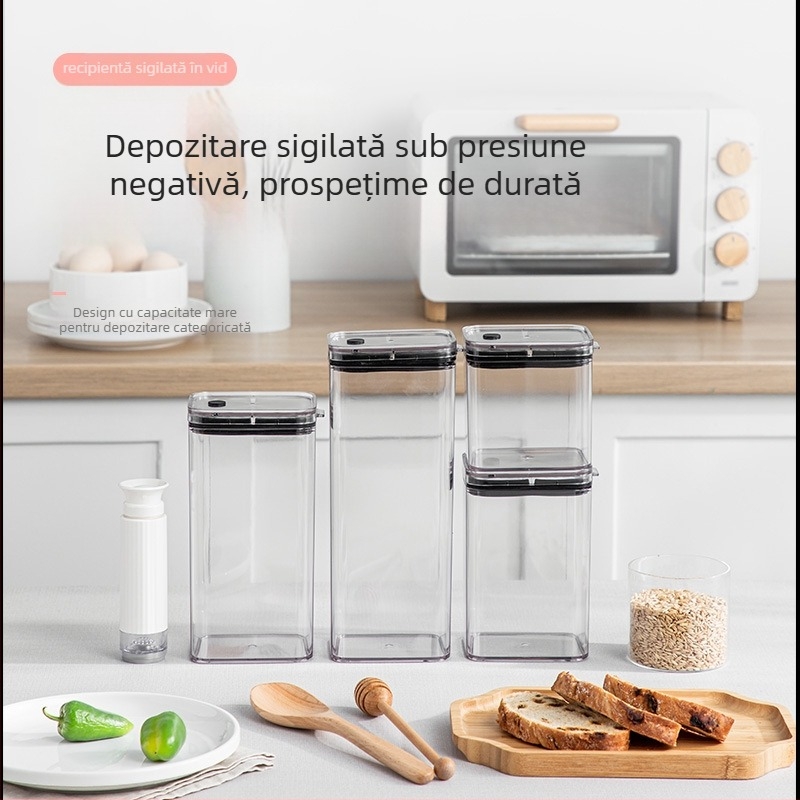 Recipient plastic transparent cu vacuum, capacitate 1–2 L, pătrat, pentru nuci, cafea și cereale