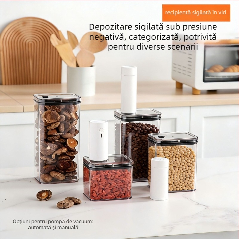 Recipient plastic transparent cu vacuum, capacitate 1–2 L, pătrat, pentru nuci, cafea și cereale