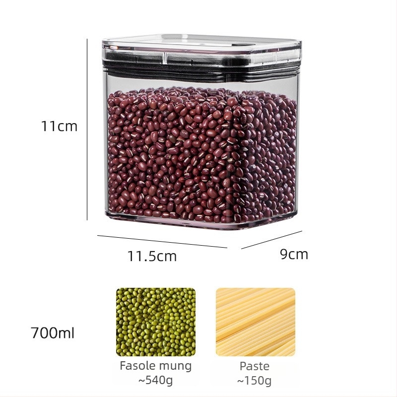 Recipient plastic transparent cu vacuum, capacitate 1–2 L, pătrat, pentru nuci, cafea și cereale