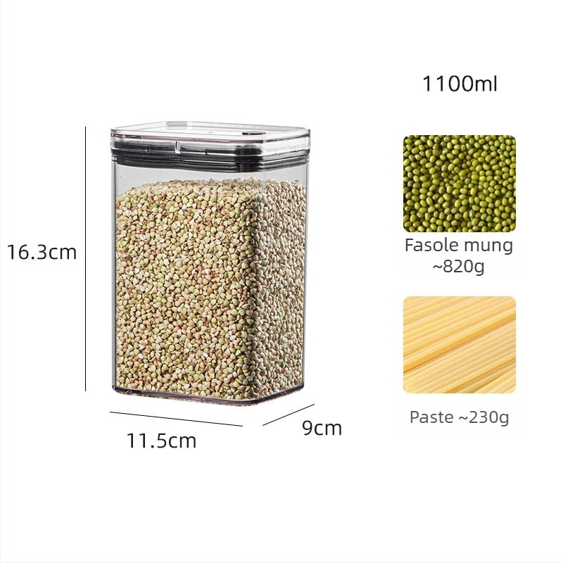 Recipient plastic transparent cu vacuum, capacitate 1–2 L, pătrat, pentru nuci, cafea și cereale