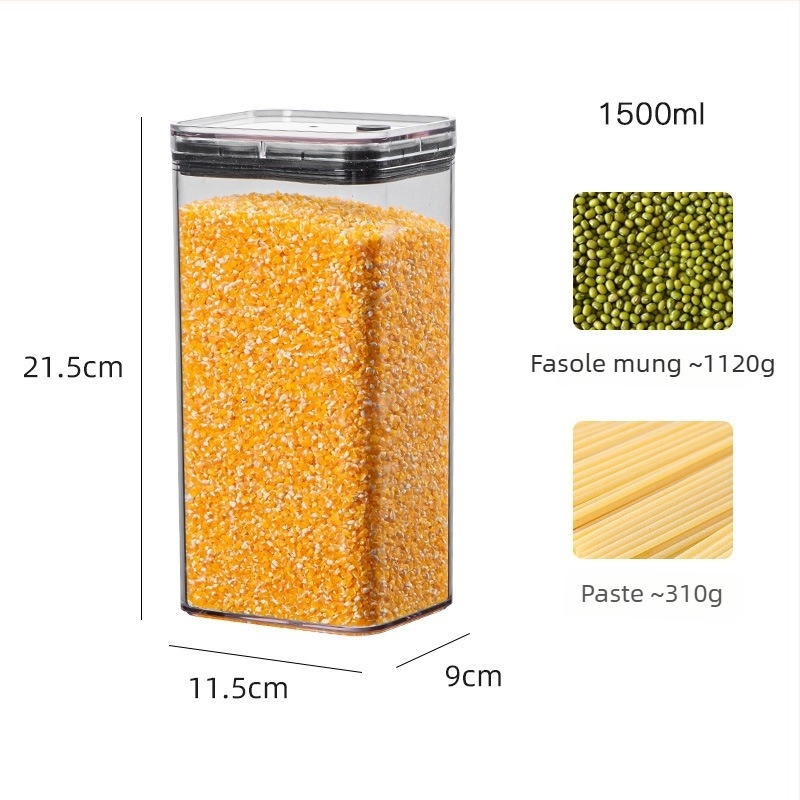 Recipient plastic transparent cu vacuum, capacitate 1–2 L, pătrat, pentru nuci, cafea și cereale